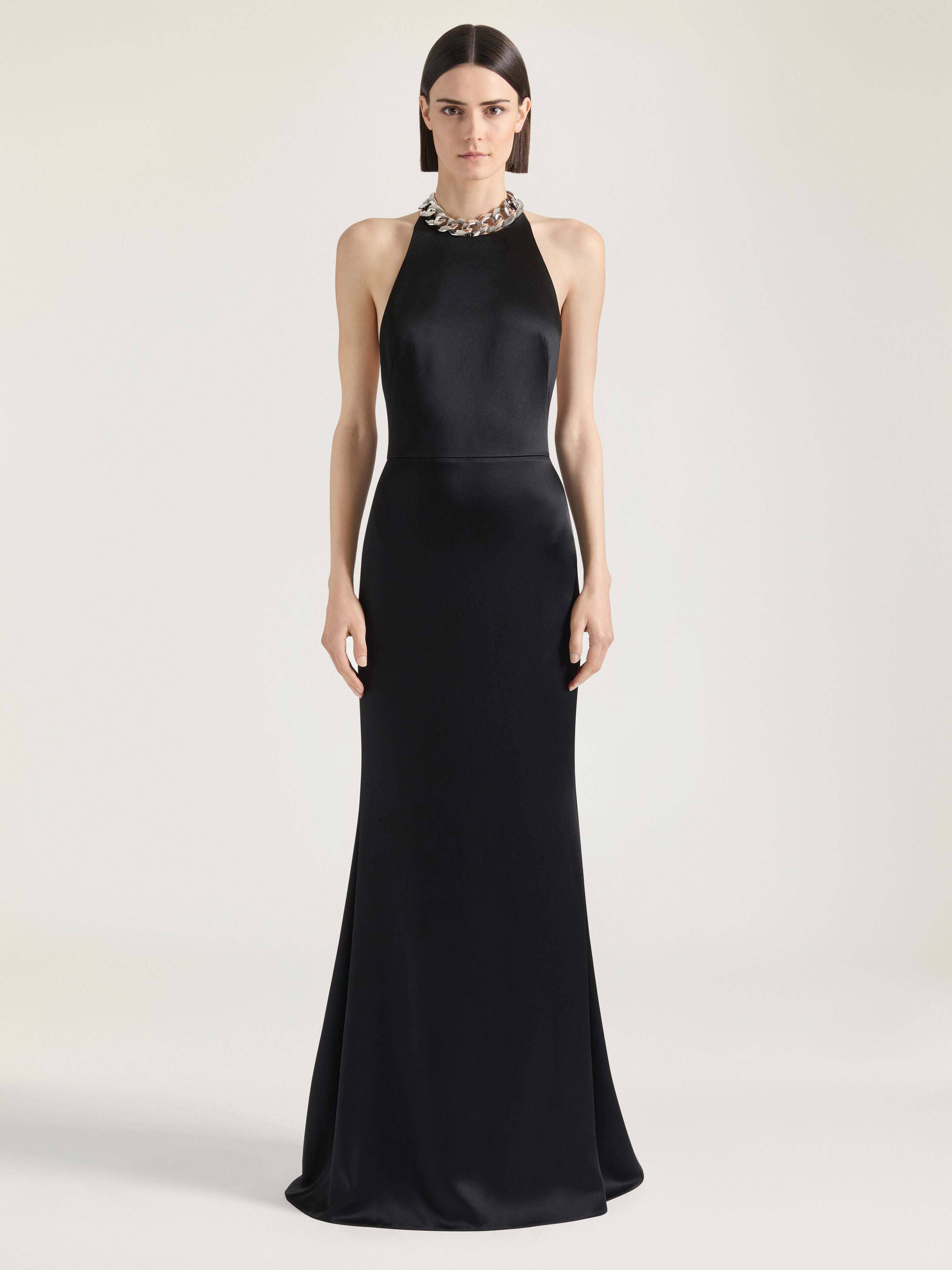 Halter neck dress in crepe and satin